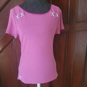 Lauren Ralph Lauren Pink Striped Womens Top With White Bow Accents Size M